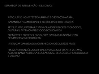 ESTRATÉGIA DE INTERVENÇÃO - OBJECTIVOS

ARTICULAR O NOVO TECIDO URBANO E O ESPAÇO NATURAL
GARANTIR A PEARMIBILIDADE E FLEXIBILIDADE DOS ESPAÇOS
RESTRUTURAR , INTEGRAR E SALVAGUARDAR VALORES ECOLÓGICOS,
CULTURAIS, PATRIMÓNIAIS E SÓCIO-ECONÓMICOS
PROMOVER E PROTEGER OS VALORES NATURAIS FUNDAMENTAIS
NOS PROCESSOS ECOLÓGICOS
INTERLIGAR GAMBELAS E MONTENEGRO AOS DIVERSOS NÍVEIS
PROMOVER FUNÇÕES MULTIFUNCIONAIS AOS DIFERENTES SISTEMAS:
AGRO-URBANO, AGRÍCOLA, EDUCACIONAL, ECOLÓGICO, HIDREOLÓGICO
E URBANO

 
