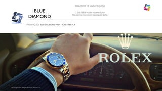 REQUISITOS DE QUALIFICAÇÃO

BLUE
DIAMOND

1.500.000 PVs de volume total
Na perna menor em qualquer data.

PREMIAÇÃO: BLUE DIAMOND PIN + ROLEX WATCH

©Copyright 2014, All Rights Reserved, Eternyon, LLC

 
