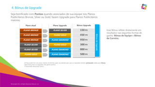 BônusdeUpgrade
Copyright Eternyon LLC, 2014
4. Bônus de Upgrade
Plano atual
PLANO BRONZE
PLANO BRONZE
PLANO BRONZE
PLANO SILVER
PLANO SILVER
PLANO GOLD
Seja bonificado com Pontos quando associados de sua equipe nos Planos
Publicitários Bronze, Silver ou Gold, fazem Upgrade para Planos Publicitários
maiores.
©Copyright 2014, All Rights Reserved, Eternyon, LLC
[O Associado tem um prazo máximo de 60 dias após sua adesão para que os Upgrades tenham pontuação válida para bônus.
Após esse prazo os Upgrades não geram pontos.
O Associado deve estar ativo.]
Plano Upgrade
PLANO SILVER
PLANO GOLD
PLANO DIAMOND
PLANO GOLD
PLANO DIAMOND
PLANO DIAMOND
Bônus Upgrade
150 PV
450 PV
950 PV
300 PV
800 PV
500 PV
Esse Bônus reflete diretamente em
resultados nas seguintes formas de
ganho: Bônus de Equipe e Bônus
de Carreira.
 