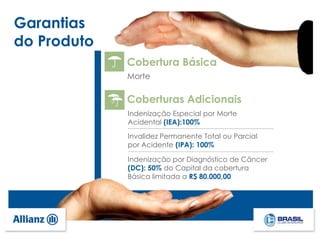 Cobertura Básica
Morte
Coberturas Adicionais
Indenização Especial por Morte
Acidental (IEA):100%
Invalidez Permanente Total ou Parcial
por Acidente (IPA): 100%
Indenização por Diagnóstico de Câncer
(DC): 50% do Capital da cobertura
Básica limitada a R$ 80.000,00
Garantias
do Produto
 