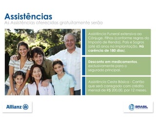 Assistências
Assistência Funeral extensiva ao
Cônjuge, Filhos (conforme regras do
Imposto de Renda), Pais e Sogros
(até 65 anos na implantação. Há
carência de 180 dias).
As Assistências oferecidas gratuitamente serão
Desconto em medicamentos,
exclusivamente para o
segurado principal.
Assistência Cesta Básica - Cartão
que será carregado com crédito
mensal de R$ 200,00, por 12 meses.
 