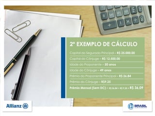 2º EXEMPLO DE CÁLCULO
Capital do Segurado Principal – R$ 25.000,00
Capital do Cônjuge – R$ 12.500,00
Idade do Proponente – 50 anos
Idade do Cônjuge – 49 anos
Prêmio do Proponente Principal – R$ 26,84
Prêmio do Cônjuge – R$9,25
Prêmio Mensal (Sem DC) – R$ 26,84 + R$ 9,25 = R$ 36,09
 