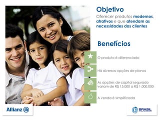 Oferecer produtos modernos,
atrativos e que atendam as
necessidades dos clientes
Objetivo
O produto é diferenciado
Há diversas opções de planos
As opções de capital segurado
variam de R$ 15.000 a R$ 1.000.000
A venda é simplificada
Benefícios
 