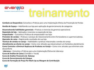 Combate ao Desperdício:  Conceitos e Práticas para uma Implantação Efetiva da Prevenção de Perdas Gestão de Espaço –  Habilitando sua loja para aplicação do gerenciamento de categorias Desenvolvendo habilidades gerenciais –  Praticas e vivencias da gerencia operacional. Reposição de loja  – Aplicação e vivencias na exposição da loja. Empacotador  – Conceitos e Práticas do empacotador nas lojas  Promotor de vendas –  Praticas e serviços de relacionamento entre fornecedores e supermercadistas.   Operador de caixa –  Registrando resultados de sua loja. Técnicas de vendas no varejo  – Habilidades e praticas relacionada a vendas do varejo Atendimento ao cliente no varejo –  Como criar atitudes que desenvolvam um fantástico atendimento Como Controlar e Diminuir Rupturas de Produtos no Varejo –  Como criar atitudes que eliminem este desconforto   Liderança –  Conceitos e Práticas para uma Implantação Efetiva da Liderança Curso de Análise de Caixa (  Contábil e  Fiscal ) Curso de Análise Financeira do  Balanço Curso de Gerenciamento do Estoque Curso de Formação de Preço Por Mark-Up ou Margem de Contribuição   