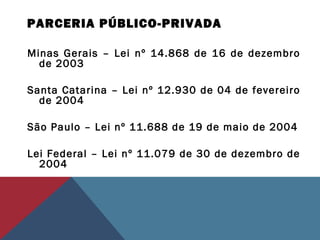 PARCERIA PÚBLICO-PRIVADA
Minas Gerais – Lei nº 14.868 de 16 de dezembro
de 2003
Santa Catarina – Lei nº 12.930 de 04 de fevereiro
de 2004
São Paulo – Lei nº 11.688 de 19 de maio de 2004
Lei Federal – Lei nº 11.079 de 30 de dezembro de
2004
 