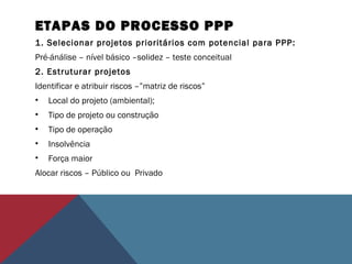 ETAPAS DO PROCESSO PPP
1. Selecionar projetos prioritários com potencial para PPP:
Pré-ánálise – nível básico –solidez – teste conceitual
2. Estruturar projetos
Identificar e atribuir riscos –”matriz de riscos”
• Local do projeto (ambiental);
• Tipo de projeto ou construção
• Tipo de operação
• Insolvência
• Força maior
Alocar riscos – Público ou Privado
 