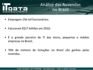 Análise das Revendas
                                                  no Brasil

• Empregam 156 mil funcionários;

• Faturaram R$17 bilhões em 2010;

• É o grande parceiro de TI das micro, pequenas e médias
  empresas no Brasil;

• 70% do número de licitações no Brasil são ganhas pelas
  revendas.



         IT Data Consultoria – (55 11) 3862-6256 – www.itdata.com.br – Todos os direitos reservados
 