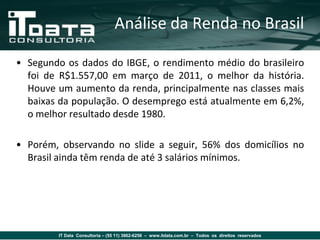 Análise da Renda no Brasil

• Segundo os dados do IBGE, o rendimento médio do brasileiro
  foi de R$1.557,00 em março de 2011, o melhor da história.
  Houve um aumento da renda, principalmente nas classes mais
  baixas da população. O desemprego está atualmente em 6,2%,
  o melhor resultado desde 1980.

• Porém, observando no slide a seguir, 56% dos domicílios no
  Brasil ainda têm renda de até 3 salários mínimos.




        IT Data Consultoria – (55 11) 3862-6256 – www.itdata.com.br – Todos os direitos reservados
 