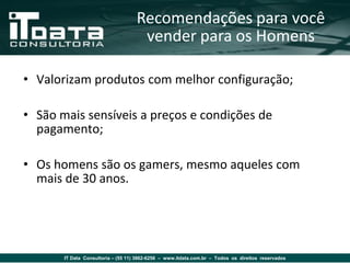 Recomendações para você
                                     vender para os Homens

• Valorizam produtos com melhor configuração;

• São mais sensíveis a preços e condições de
  pagamento;

• Os homens são os gamers, mesmo aqueles com
  mais de 30 anos.




       IT Data Consultoria – (55 11) 3862-6256 – www.itdata.com.br – Todos os direitos reservados
 