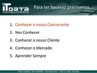 Para ter Sucesso precisamos...


1. Conhecer o nosso Concorrente
2. Nos Conhecer
3. Conhecer o nosso Cliente
4. Conhecer o Mercado
5. Aprender Sempre


    IT Data Consultoria – (55 11) 3862-6256 – www.itdata.com.br – Todos os direitos reservados
 