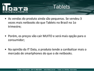 Tablets

• As vendas do produto ainda são pequenas. Se vendeu 3
  vezes mais netbooks do que Tablets no Brasil no 1o
  trimestre;

• Porém, os preços vão cair MUITO e será mais opção para o
  consumidor;

• Na opinião da IT Data, o produto tende a canibalizar mais o
  mercado de smartphones do que o de netbooks.



         IT Data Consultoria – (55 11) 3862-6256 – www.itdata.com.br – Todos os direitos reservados
 