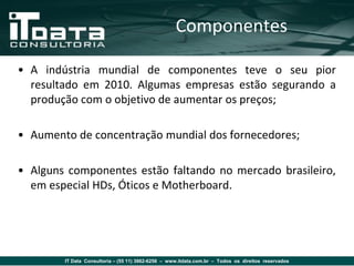 Componentes

• A indústria mundial de componentes teve o seu pior
  resultado em 2010. Algumas empresas estão segurando a
  produção com o objetivo de aumentar os preços;

• Aumento de concentração mundial dos fornecedores;

• Alguns componentes estão faltando no mercado brasileiro,
  em especial HDs, Óticos e Motherboard.




        IT Data Consultoria – (55 11) 3862-6256 – www.itdata.com.br – Todos os direitos reservados
 