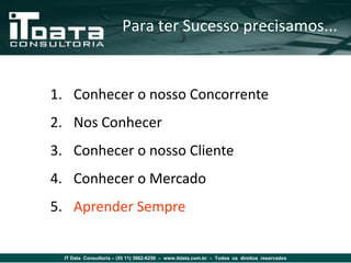Para ter Sucesso precisamos...


1. Conhecer o nosso Concorrente
2. Nos Conhecer
3. Conhecer o nosso Cliente
4. Conhecer o Mercado
5. Aprender Sempre


  IT Data Consultoria – (55 11) 3862-6256 – www.itdata.com.br – Todos os direitos reservados
 