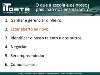 O que a escola e os nossos
                               pais não nos ensinaram ?

1. Ganhar e gerenciar dinheiro;
2. Estar aberto ao novo;
3. Identificar o nosso talento e dos outros;
4. Negociar
5. Ser empreendedor.
6. Comunicar-se;
       IT Data Consultoria – (55 11) 3862-6256 – www.itdata.com.br – Todos os direitos reservados
 