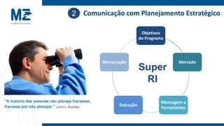 2 Comunicação com Planejamento Estratégico

                           Objetivos
                          do Programa




        Mensuração                         Mercado
                          Super
                           RI

                                    Mensagem e
               Execução
                                    Ferramentas
 