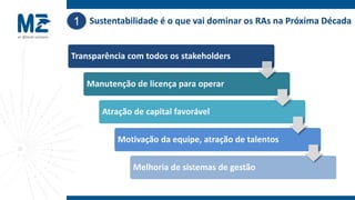 1 Sustentabilidade é o que vai dominar os RAs na Próxima Década

Transparência com todos os stakeholders

   Manutenção de licença para operar

       Atração de capital favorável

           Motivação da equipe, atração de talentos

               Melhoria de sistemas de gestão
 