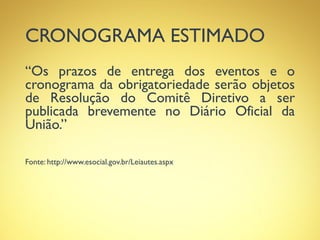 CRONOGRAMA ESTIMADO
“Os prazos de entrega dos eventos e o
cronograma da obrigatoriedade serão objetos
de Resolução do Comitê Diretivo a ser
publicada brevemente no Diário Oficial da
União.”
Fonte: http://www.esocial.gov.br/Leiautes.aspx
 