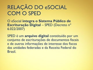 RELAÇÃO DO eSOCIAL
COM O SPED
O eSocial integra o Sistema Público de
Escrituração Digital – SPED (Decreto nº
6.022/2007)
SPED é um arquivo digital constituído por um
conjunto de escriturações de documentos fiscais
e de outras informações de interesse dos fiscos
das unidades federadas e da Receita Federal do
Brasil.
 