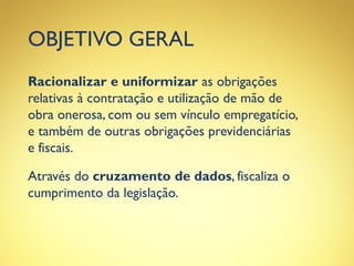 OBJETIVO GERAL
Racionalizar e uniformizar as obrigações
relativas à contratação e utilização de mão de
obra onerosa, com ou sem vínculo empregatício,
e também de outras obrigações previdenciárias
e fiscais.
Através do cruzamento de dados, fiscaliza o
cumprimento da legislação.
 