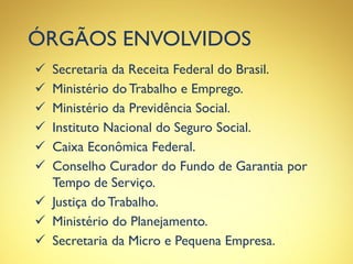 ÓRGÃOS ENVOLVIDOS
 Secretaria da Receita Federal do Brasil.
 Ministério do Trabalho e Emprego.
 Ministério da Previdência Social.
 Instituto Nacional do Seguro Social.
 Caixa Econômica Federal.
 Conselho Curador do Fundo de Garantia por
Tempo de Serviço.
 Justiça do Trabalho.
 Ministério do Planejamento.
 Secretaria da Micro e Pequena Empresa.
 