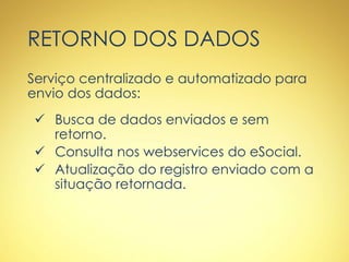 RETORNO DOS DADOS
Serviço centralizado e automatizado para
envio dos dados:
 Busca de dados enviados e sem
retorno.
 Consulta nos webservices do eSocial.
 Atualização do registro enviado com a
situação retornada.
 