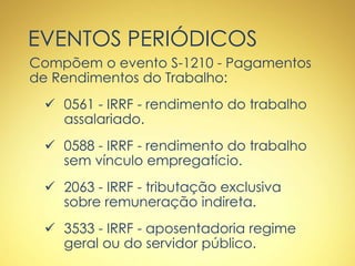 EVENTOS PERIÓDICOS
Compõem o evento S-1210 - Pagamentos
de Rendimentos do Trabalho:
 0561 - IRRF - rendimento do trabalho
assalariado.
 0588 - IRRF - rendimento do trabalho
sem vínculo empregatício.
 2063 - IRRF - tributação exclusiva
sobre remuneração indireta.
 3533 - IRRF - aposentadoria regime
geral ou do servidor público.
 