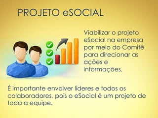 PROJETO eSOCIAL
Viabilizar o projeto
eSocial na empresa
por meio do Comitê
para direcionar as
ações e
informações.
É importante envolver líderes e todos os
colaboradores, pois o eSocial é um projeto de
toda a equipe.
 