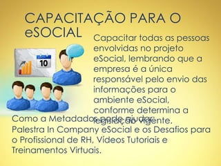 CAPACITAÇÃO PARA O
eSOCIAL Capacitar todas as pessoas
envolvidas no projeto
eSocial, lembrando que a
empresa é a única
responsável pelo envio das
informações para o
ambiente eSocial,
conforme determina a
legislação vigente.Como a Metadados pode ajudar:
Palestra In Company eSocial e os Desafios para
o Profissional de RH, Vídeos Tutoriais e
Treinamentos Virtuais.
 