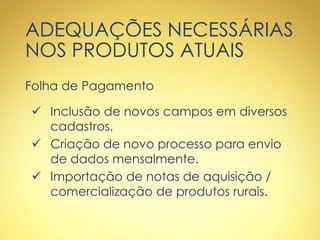 ADEQUAÇÕES NECESSÁRIAS
NOS PRODUTOS ATUAIS
Folha de Pagamento
 Inclusão de novos campos em diversos
cadastros.
 Criação de novo processo para envio
de dados mensalmente.
 Importação de notas de aquisição /
comercialização de produtos rurais.
 