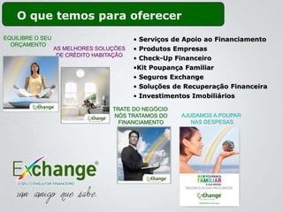 O que temos para oferecer
EQUILIBRE O SEU                           • Serviços de Apoio ao Financiamento
  ORÇAMENTO
                  AS MELHORES SOLUÇÕES    • Produtos Empresas
                   DE CRÉDITO HABITAÇÃO
                                          • Check-Up Financeiro
                                          •Kit Poupança Familiar
                                          • Seguros Exchange
                                          • Soluções de Recuperação Financeira
                                          • Investimentos Imobiliários

                                   TRATE DO NEGÓCIO
                                    NÓS TRATAMOS DO    AJUDAMOS A POUPAR
                                     FINANCIAMENTO        NAS DESPESAS
 