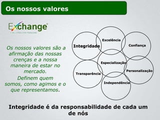 Os nossos valores



                                            Excelência

                           Integridade                        Confiança
 Os nossos valores são a
  afirmação das nossas
    crenças e a nossa
                                            Especialização
   maneira de estar no
        mercado.            Transparência
                                                             Personalização

      Definem quem
                                             Independência
somos, como agimos e o
   que representamos.


 Integridade é da responsabilidade de cada um
                     de nós
 