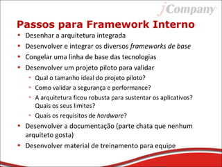 Passos para Framework Interno
• Desenhar a arquitetura integrada
• Desenvolver e integrar os diversos frameworks de base
• Congelar uma linha de base das tecnologias
• Desenvolver um projeto piloto para validar
• Qual o tamanho ideal do projeto piloto?
• Como validar a segurança e performance?
• A arquitetura ficou robusta para sustentar os aplicativos?
Quais os seus limites?
• Quais os requisitos de hardware?
• Desenvolver a documentação (parte chata que nenhum
arquiteto gosta)
• Desenvolver material de treinamento para equipe
 