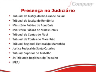 Presença no Judiciário
• Tribunal de Justiça do Rio Grande do Sul
• Tribunal de Justiça de Rondônia
• Ministério Público de Rondônia
• Ministério Público de Minas Gerais
• Tribunal de Contas do Piauí
• Tribunal de Contas do Maranhão
• Tribunal Regional Eleitoral do Maranhão
• Justiça Federal de Santa Catarina
• Tribunal Superior do Trabalho
• 24 Tribunais Regionais do Trabalho
• IPRAJ
 