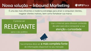 Nossa solução – Inbound Marketing
É preciso ser
RELEVANTE
para o seu público
Usar a Internet para oferecer conteúdo
de valor para ele e conquistar a sua
atençãoe curiosidade
Sua empresa deve ser a mais completa fonte
de informações disponível no seu mercado
É uma das mais eficientes e moderna estratégia para atrair e conquistar clientes,
resgatar clientes inativos, bem como fortalecer sua marca.
 