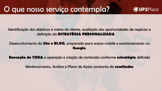 O que nosso serviço contempla?
Identificação dos objetivos e metas do cliente, avaliação das oportunidades de negócios e
definição da ESTRATÉGIA PERSONALIZADA
Desenvolvimento do Site e BLOG, preparado para acesso mobile e posicionamento no
Google.
Execução de TODA a operação e criação de conteúdos conforme estratégia definida
Monitoramento, Análise e Plano de Ações constante de resultados
 