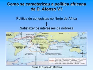 Como se caracterizou a política africana 
de D. Afonso V? 
Política de conquistas no Norte de África 
Satisfazer os interesses da nobreza 
Rotas da Expansão Marítima 
 