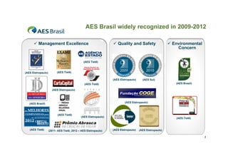 AES Brasil widely recognized in 2009-2012
 Management Excellence

 Quality and Safety

 Environmental
Concern

(AES Tietê)

(AES El
Eletropaulo)
l )

(AES Tietê)
(AES Eletropaulo)

(AES Sul)
(AES Brasil)

(AES Tietê)
(AES El t
Eletropaulo)
l )

(AES Eletropaulo)

(AES Brasil)

(AES Tietê)

(AES Tietê)

(AES Eletropaulo)

(2011- AES Tietê; 2012 – AES Eletropaulo)

(AES Tietê)

(AES Eletropaulo)

(AES Eletropaulo)
3

 