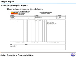 Projeto Export
 Ações propostas pelo projeto:
      • Elaboração do orçamento de embalagem.




bjetivo Consultoria Empresarial Ltda.
 