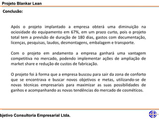 Projeto Blankar Lean
 Conclusão:


     Após o projeto implantado a empresa obterá uma diminuição na
     ociosidade do equipamento em 67%, em um prazo curto, pois o projeto
     total tem a previsão de duração de 180 dias, gastos com documentação,
     licenças, pesquisas, laudos, desmontagens, embalagem e transporte.

     Com o projeto em andamento a empresa ganhará uma vantagem
     competitiva no mercado, podendo implementar ações de ampliação de
     market share e redução de custos de fabricação.

     O projeto foi à forma que a empresa buscou para sair da zona de conforto
     que se encontrava e buscar novos objetivos e metas, utilizando-se de
     novas técnicas empresariais para maximizar as suas possibilidades de
     ganhos e acompanhando as novas tendências do mercado de cosméticos.




bjetivo Consultoria Empresarial Ltda.
 
