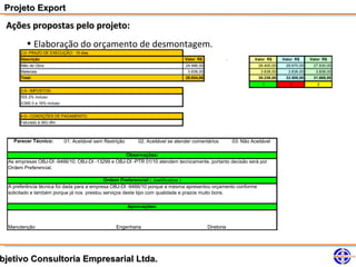 Projeto Export
 Ações propostas pelo projeto:
          • Elaboração do orçamento de desmontagem.
       2.0- PRAZO DE EXECUÇÃO: 15 dias
       Descrição                                                                    Valor R$                 .             Valor R$     Valor R$     Valor R$
       Mão de Obra                                                                   24.996,00                              26.400,00    29.670,00    27.830,00
       Materiais                                                                      3.838,00                               3.838,00     3.838,00     3.838,00
       Total:                                                                        28.834,00                              30.238,00    33.508,00    31.668,00
                                                                                                                              1            3            2
       3.0– IMPOSTOS:
       ISS 2% incluso
       ICMS 0 a 18% incluso


       4.0– CONDIÇÕES DE PAGAMENTO:
       Faturado à (60) dfm



    Parecer Técnico:          01: Aceitável sem Restrição       02: Aceitável se atender comentários             03: Não Aceitável

                                                   Observações:
  As empresas OBJ-DI -9466/10, OBJ-DI -13299 e OBJ-DI -PTR 01/10 atendem tecnicamente, portanto decisão será por
  Ordem Preferencial.

                                             Ordem Preferencial ( Justificativa )
  A preferência técnica foi dada para a empresa OBJ-DI -9466/10 porque a mesma apresentou orçamento conforme
  solicitado e também porque já nos prestou serviços deste tipo com qualidade e prazos muito bons.

                                                            Aprovações:



  Manutenção                                         Engenharia                                  Diretoria




bjetivo Consultoria Empresarial Ltda.
 