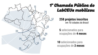 258 projetos inscritos
em 10 cidades do Brasil
5 selecionados para
ocupações de 4 meses
10 selecionados para
ocupações de 2 meses
1ª Chamada Pública do
LabCEUs mobilizou
 