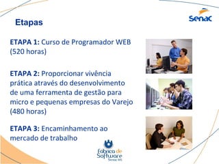 Etapas

ETAPA 1: Curso de Programador WEB
(520 horas)

ETAPA 2: Proporcionar vivência
prática através do desenvolvimento
de uma ferramenta de gestão para
micro e pequenas empresas do Varejo
(480 horas)

ETAPA 3: Encaminhamento ao
mercado de trabalho
 