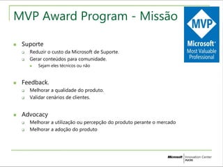 MVP Award Program - Missão 
 Suporte 
 Reduzir o custo da Microsoft de Suporte. 
 Gerar conteúdos para comunidade. 
 Sejam eles técnicos ou não 
 Feedback. 
 Melhorar a qualidade do produto. 
 Validar cenários de clientes. 
 Advocacy 
 Melhorar a utilização ou percepção do produto perante o mercado 
 Melhorar a adoção do produto 
 