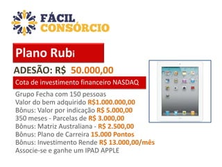 Plano Rubi
ADESÃO: R$ 50.000,00
Cota de investimento financeiro NASDAQ
Grupo Fecha com 150 pessoas
Valor do bem adquirido R$1.000.000,00
Bônus: Valor por indicação R$ 5.000,00
350 meses - Parcelas de R$ 3.000,00
Bônus: Matriz Australiana - R$ 2.500,00
Bônus: Plano de Carreira 15.000 Pontos
Bônus: Investimento Rende R$ 13.000,00/mês
Associe-se e ganhe um IPAD APPLE

 