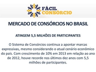 MERCADO DE CONSÓRCIOS NO BRASIL
ATINGEM 5,5 MILHÕES DE PARTICIPANTES
O Sistema de Consórcios continua a apontar marcas
expressivas, mesmo considerando o atual cenário econômico
do país. Com crescimento de 10% em 2013 em relação ao ano
de 2012, houve recorde nos últimos dez anos com 5,5
milhões de participantes.

 