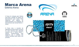 Marca Arena
Grêmio Arena


A Fama foi indicada pelo Grêmio
para fazer a gestão do negócio de
licenciamento para Arena Porto
Alegrense    com     objetivo  de
desenvolvimento do programa de
licenciamento das marcas Grêmio +
Arena.


A Fama criou o conceito de
aplicação da marca Arena na forma
de cross licensing para utilização
conjunta com a marca Arena +
Grêmio     proporcionando     toda
elegância que a estética das
marcas somadas pode auferir aos
produtos.




                                     11
 