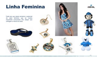Linha Feminina
Cada ano que passa aumenta o potencial
do setor feminino que se mostra
importante consumidor dos artigos que
carregam a marca do clube.




                                         23
 