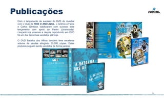 Publicações
 Com o lançamento de sucesso do DVD do mundial
 com o título de 1983 O ANO AZUL, o Grêmio a Fama
 e Carlos Gerbase viabilizaram com sucesso este
 lançamento com apoio da Panini (Licenciada).
 Lançado nos cinemas e depois reproduzido em DVD
 foi um dos itens mais vendidos até hoje.

 O DVD Batalha dos Aflitos também teve excelente
 volume de vendas atingindo 35.000 cópias. Estes
 produtos seguem sendo vendidos de forma perene.




                                                    24
 