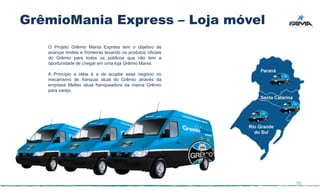 GrêmioMania Express – Loja móvel
   O Projeto Grêmio Mania Express tem o objetivo de
   avançar limites e fronteiras levando os produtos oficiais
   do Grêmio para todos os públicos que não tem a
   oportunidade de chegar em uma loja Grêmio Mania.

   A Princípio a idéia é a de acoplar esse negócio no
   mecanismo de franquia atual do Grêmio através da
   empresa Meltex atual franqueadora da marca Grêmio
   para varejo.




                                                               50
 