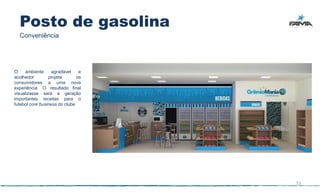 Posto de gasolina
  Conveniência




O    ambiente      agradável    e
acolhedor        projeta       os
consumidores a uma nova
experiência. O resultado final
visualizasse será a geração
importantes receitas para o
futebol core business do clube




                                    53
 